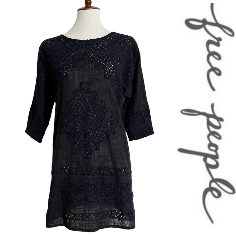 Free People Desert Song Semi Sheer Embroidered Cut Out Back Shift Mini Dress XS